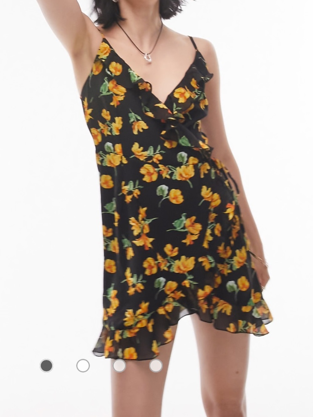 Topshop black yellow orange flower pattern v front wrap mini dress. 4
